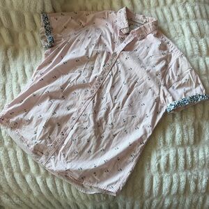 Ricky Singh Men's Denim Flower Shirt Pink Short Sleeve Button-Up Umbrella Size L